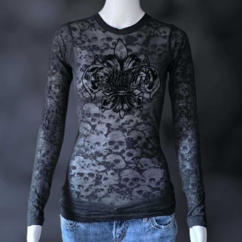 Rare-🖤 Y2K Sinful by Affliction Burnout Skull Angel Wing Top